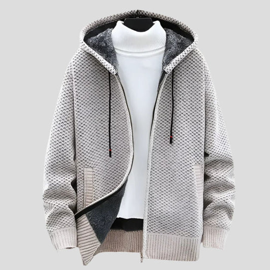 Men's Knit Hooded Zip Jacket with Patterned Exterior