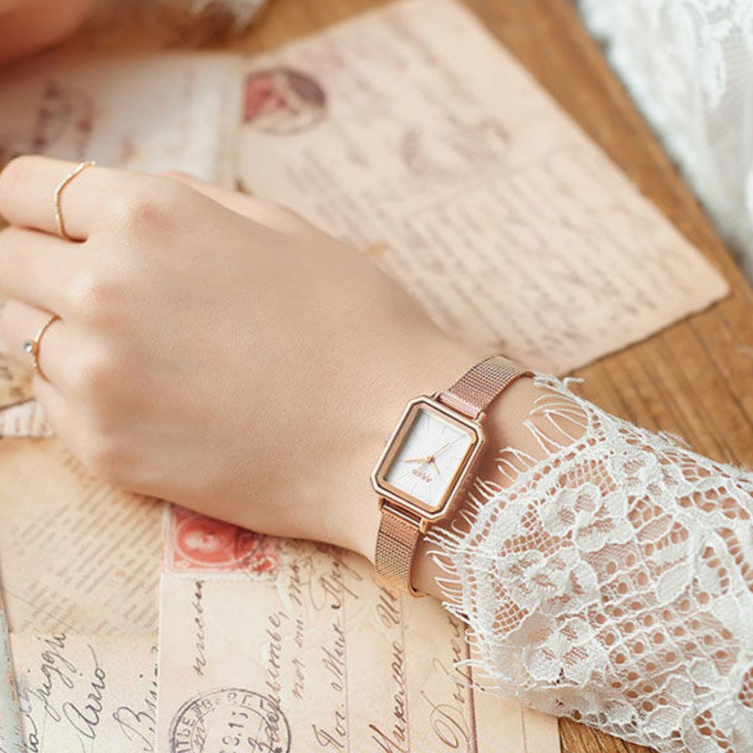 Women's Rectangular Face Watch with Fine Mesh Band