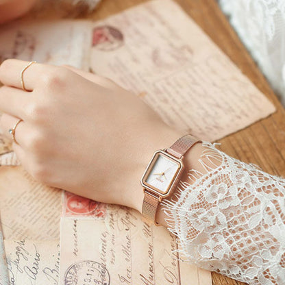 Women's Rectangular Face Watch with Fine Mesh Band