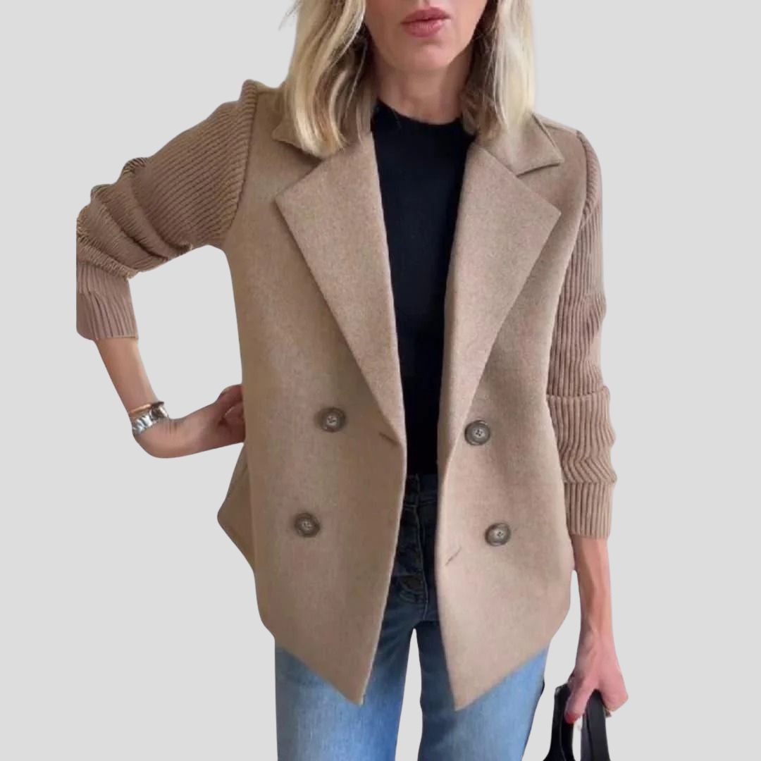 Women's Structured Blazer Jacket with Contrast Knit Sleeves