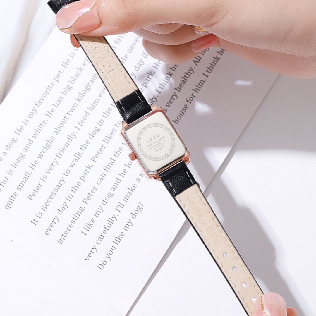 Women's Square Dial Watch with Stitched Band Detail