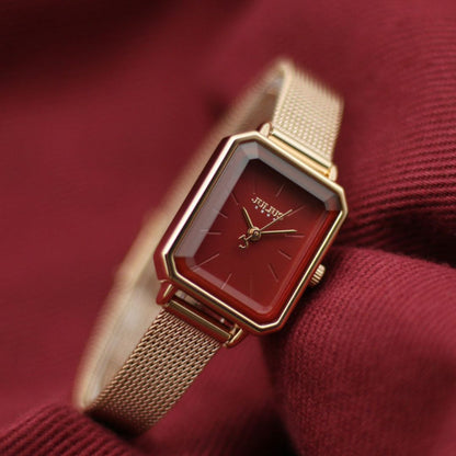 Women's Rectangular Face Watch with Fine Mesh Band