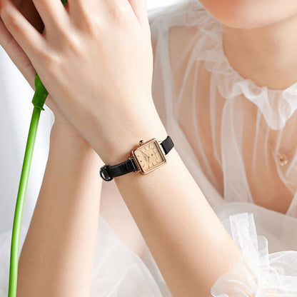 Women's Minimal Square Dial Watch with Grain-Pattern Strap
