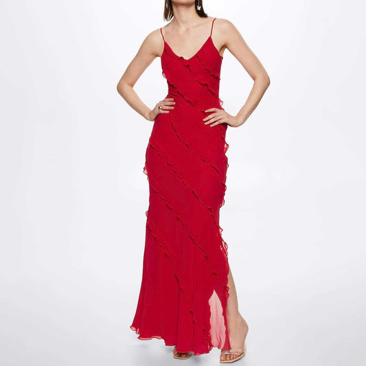 Women's Layered Ruffle Maxi Dress with Thin Straps