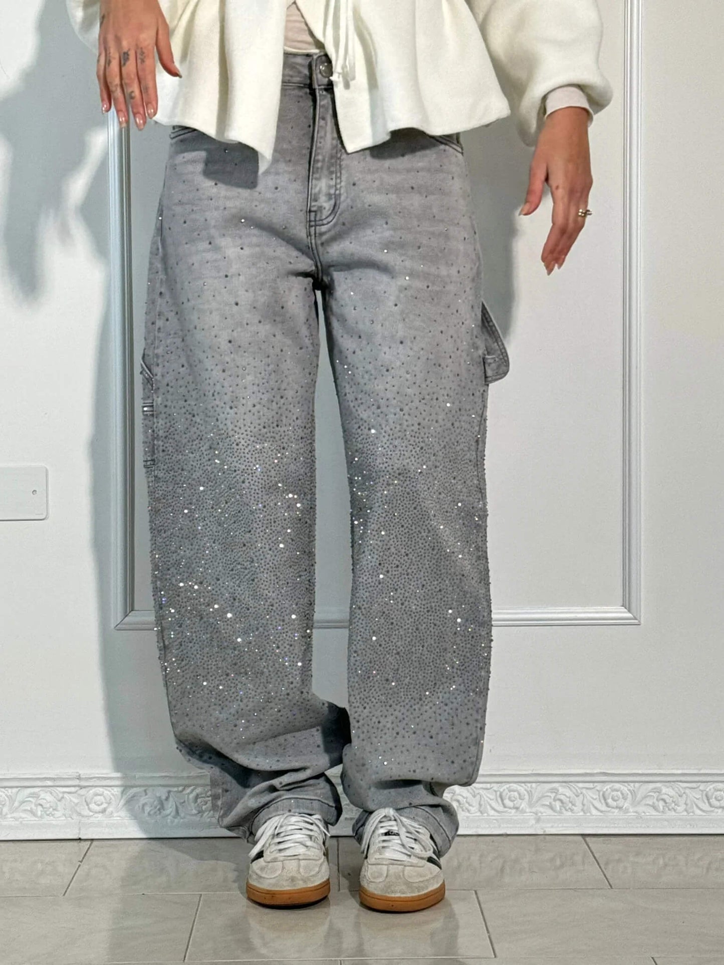Crystal-Dusted Cargo Denim