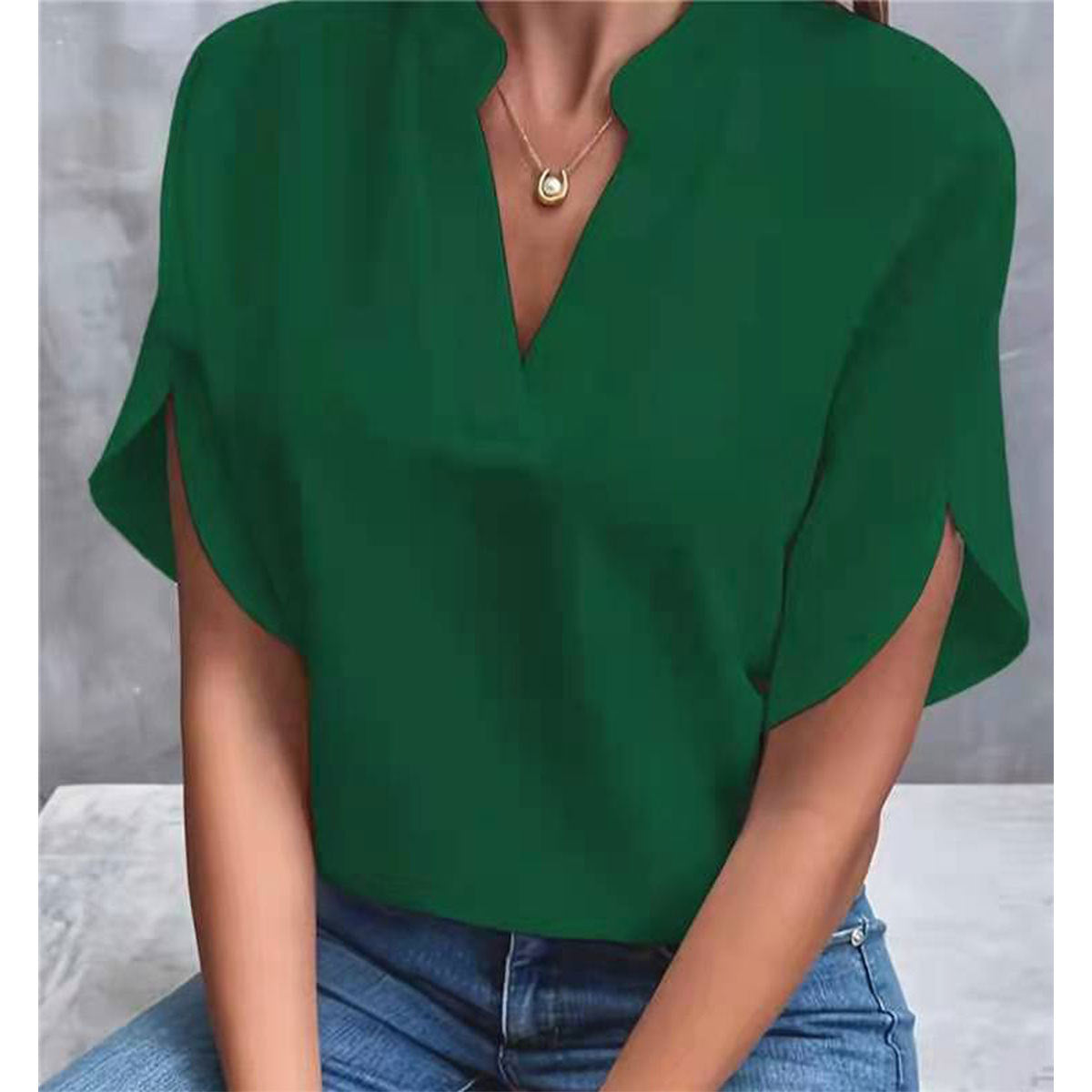 V-Neck Blouse with Slit Sleeve Detail