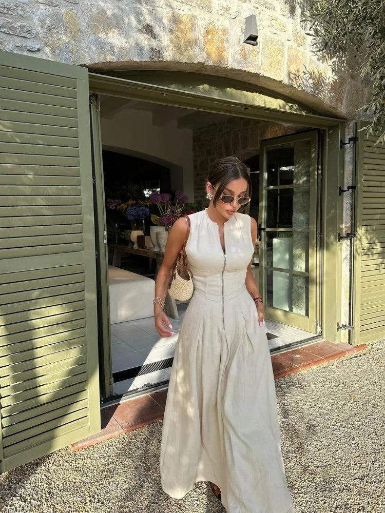 Zip-Front Pleated Maxi Dress