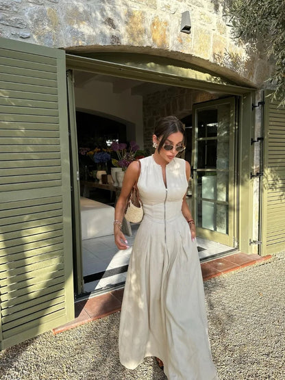 Zip-Front Pleated Maxi Dress
