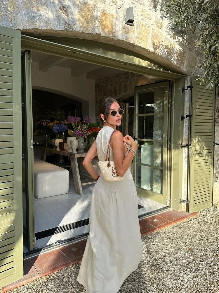 Zip-Front Pleated Maxi Dress
