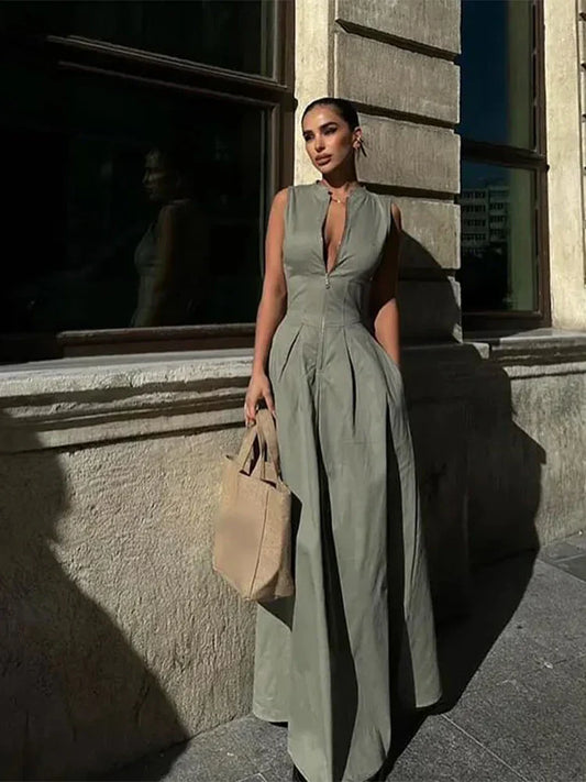 Zip-Front Pleated Maxi Dress