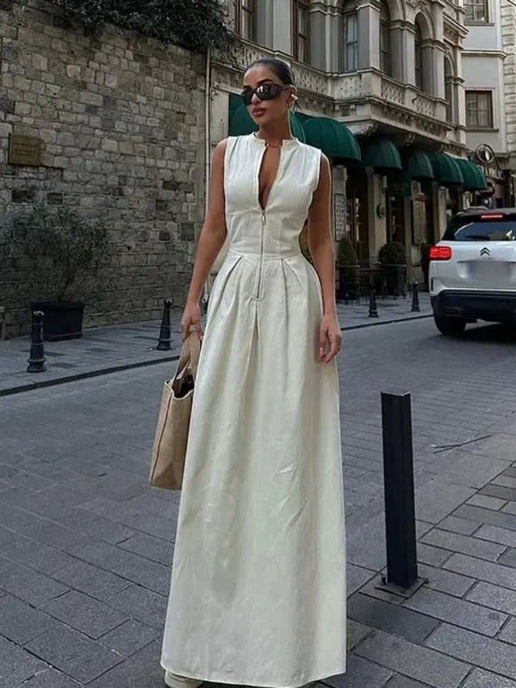 Zip-Front Pleated Maxi Dress