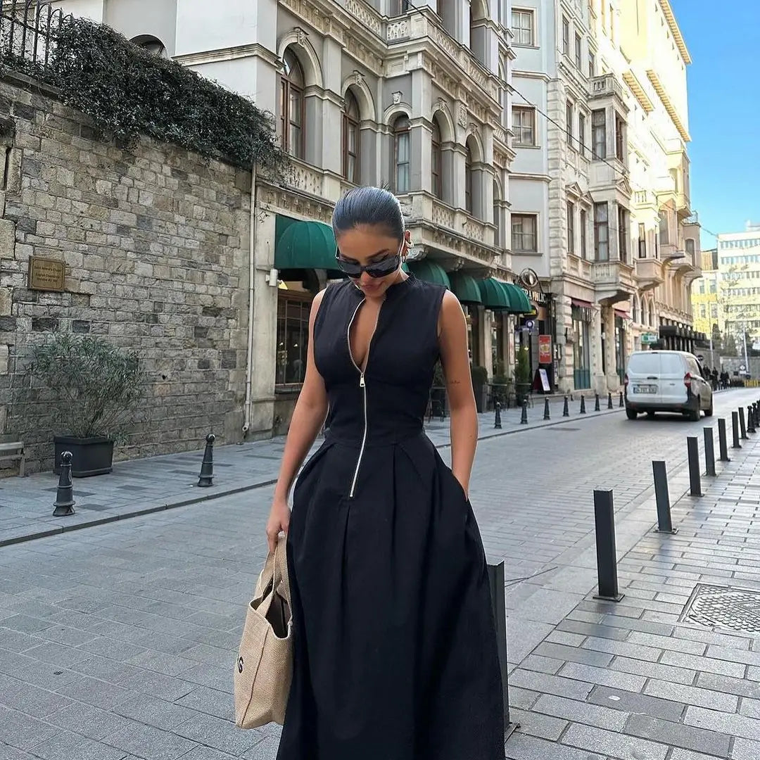 Zip-Front Pleated Maxi Dress