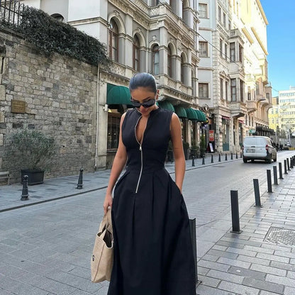 Zip-Front Pleated Maxi Dress