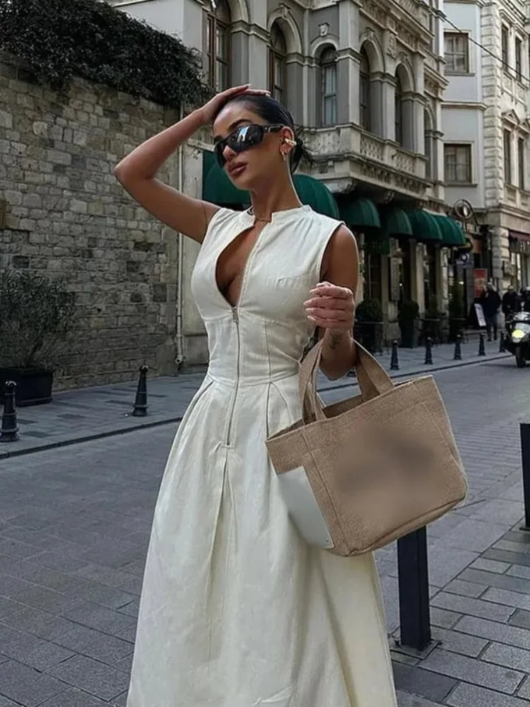 Zip-Front Pleated Maxi Dress