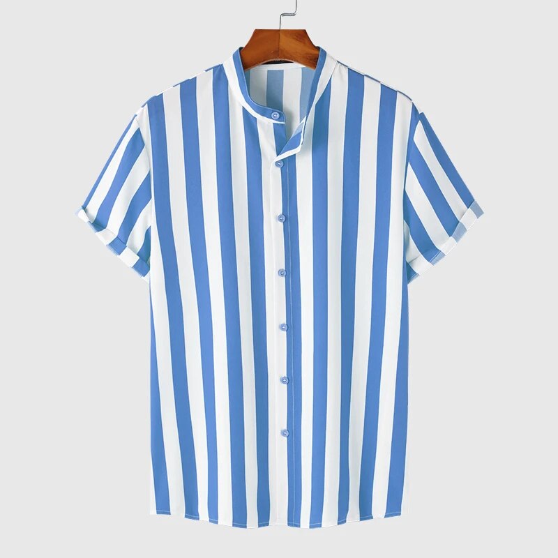 Crimson Stripe Band-Collar Shirt