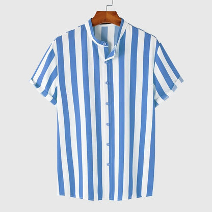 Crimson Stripe Band-Collar Shirt
