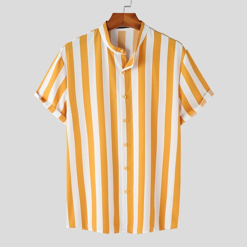 Crimson Stripe Band-Collar Shirt