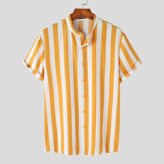 Crimson Stripe Band-Collar Shirt