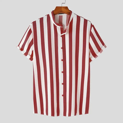 Crimson Stripe Band-Collar Shirt