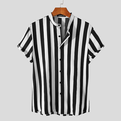 Crimson Stripe Band-Collar Shirt