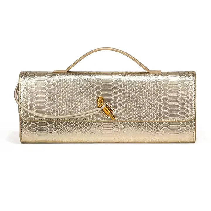 Curved Handle Clutch with Embossed Strap Detail