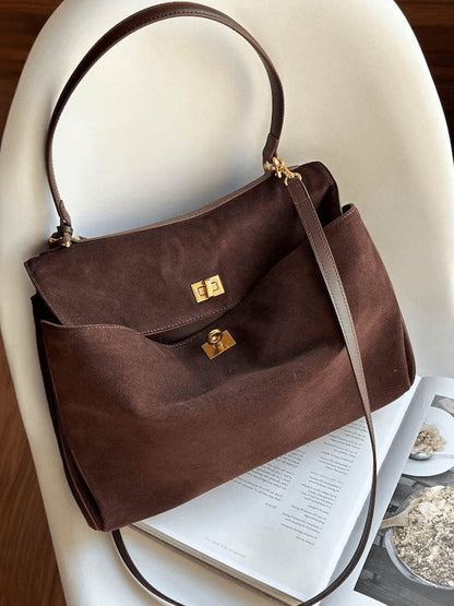 Fold-Top Suede Tote