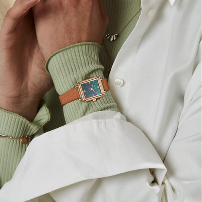 Women's Patterned Square Dial Watch with Textured Band